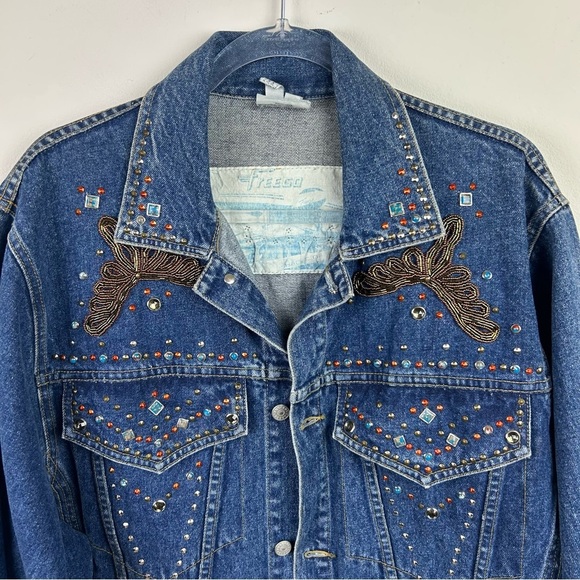 Freego Western Vintage studded beaded Jean denim jacket size: M - Picture 2 of 14